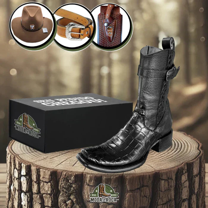 Bota Viking Couro de Jacaré Marrom/Preto com Chapéu e Cinto