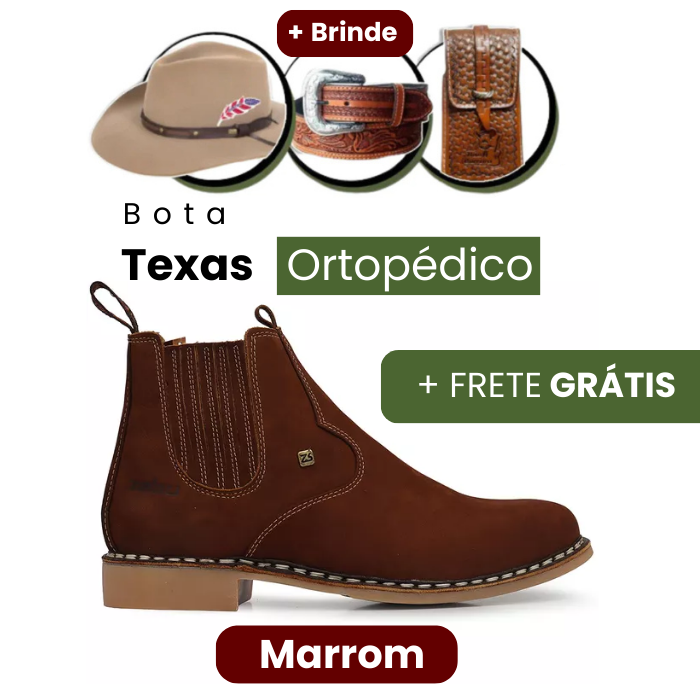 Bota Texas Masculina Ortopédica Couro Legítimo: Conforto Raiz e Brindes
